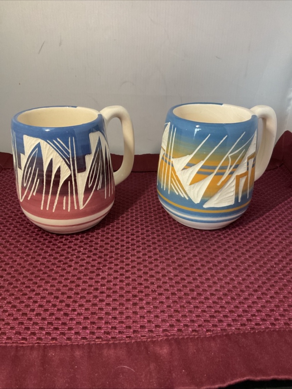 Hand Crafted Ceramic Mugs in Blue, Yellow, Red and White set of 2 Vintage Signed